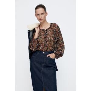 Zara Floral Balloon Sleeve Blouse Top